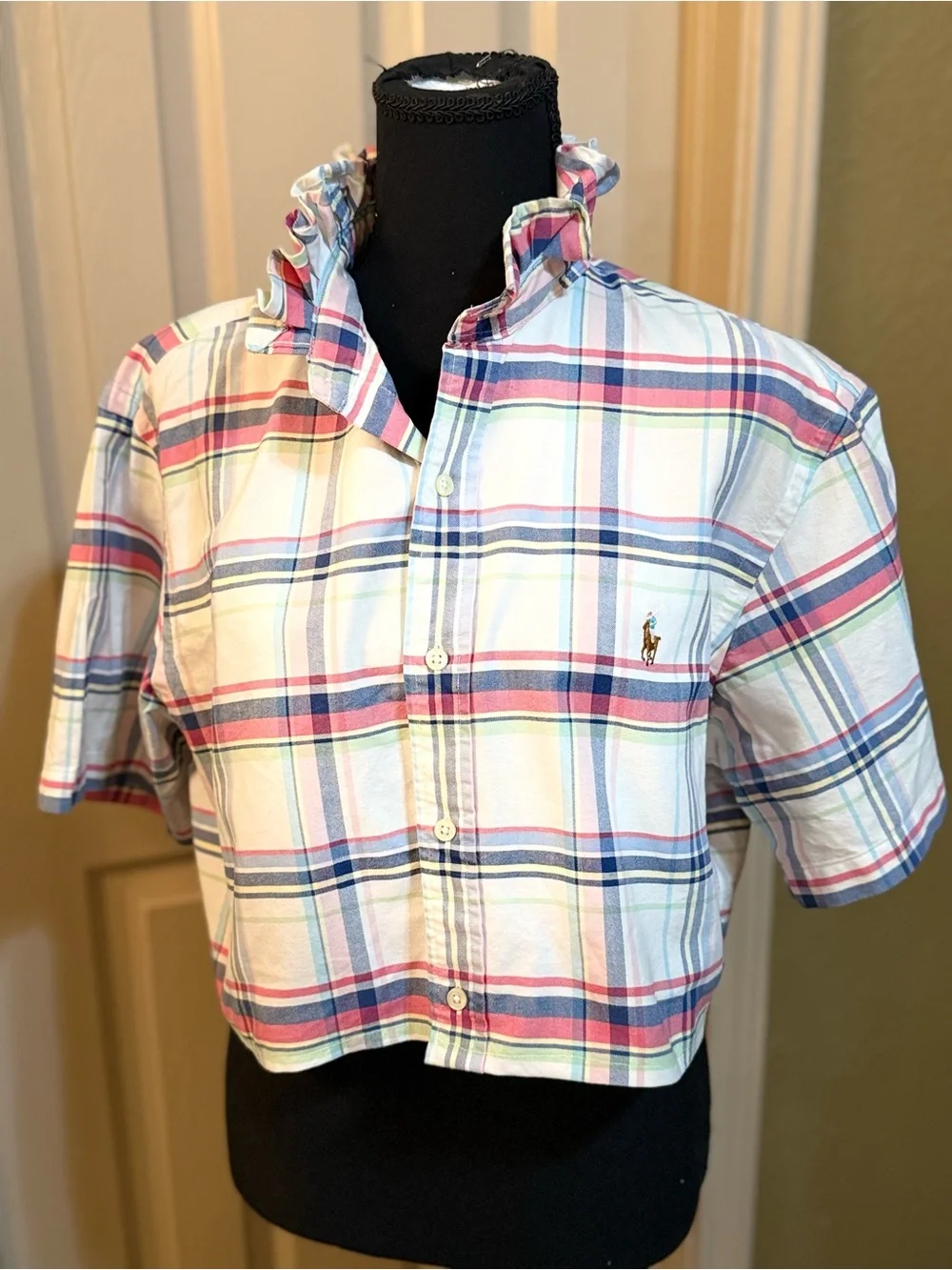 Upcycled Polo by Ralph Lauren Pastel Pink & Blue Plaid Button-Down Crop Shirt - Picture 3 of 9